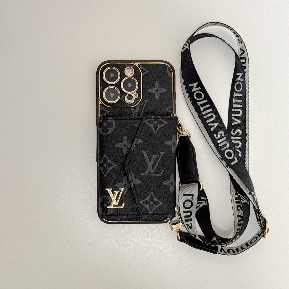 Luxury Monogram Leather Phone Case with Card Holder for iPhone 12-18 Pro & Pro Max