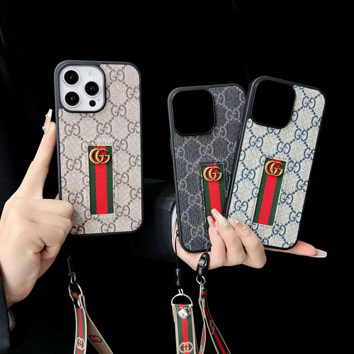 Premium GG Monogram Case with Web Wrist Strap for iPhone 12-18 Pro & Pro Max