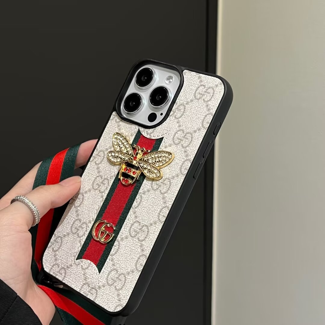 GG3D Monogram Case with Cord & Ribbon Strap for iPhone 12-18 Pro & Pro Max