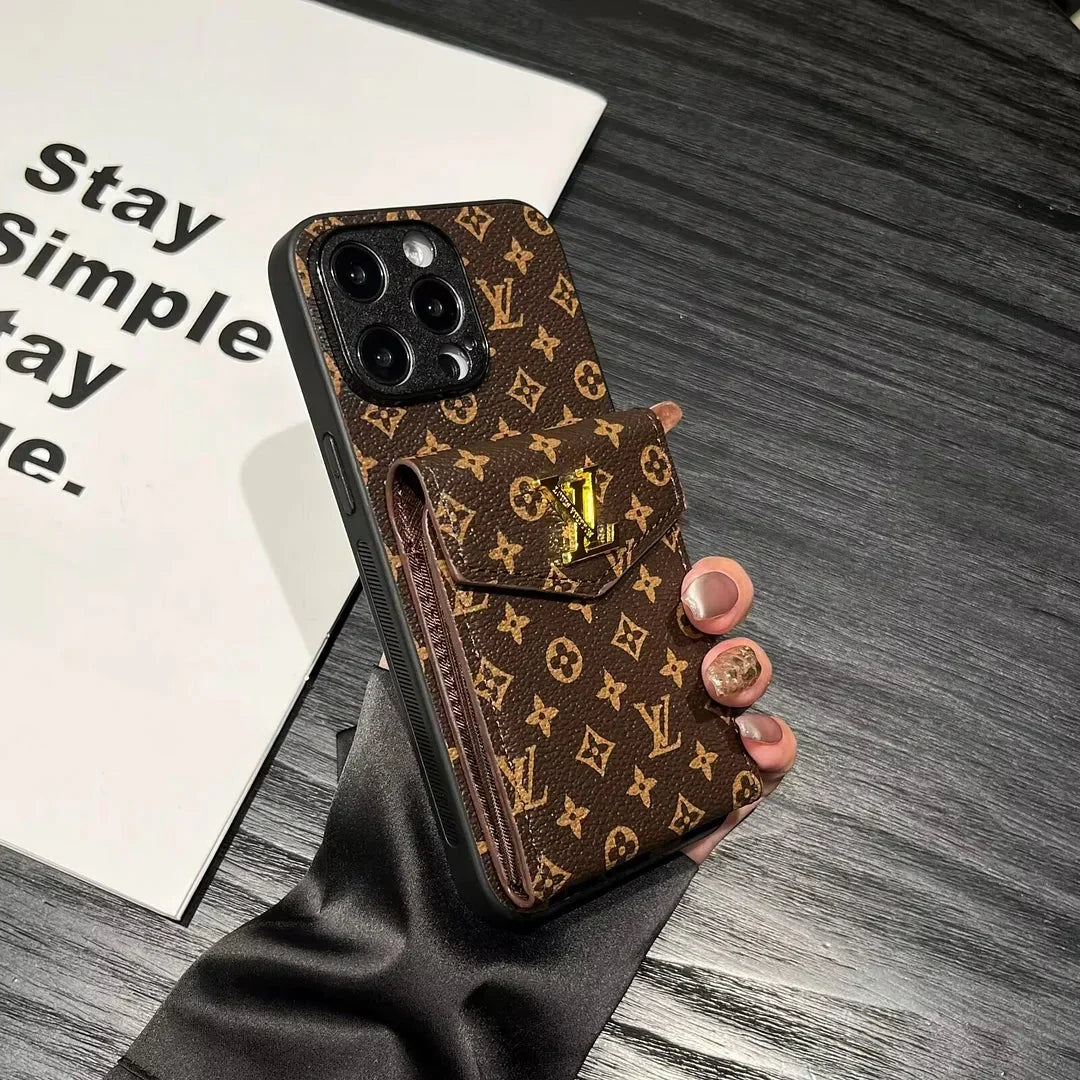 Luxury LV Leather Phone Case with Card Holder for iPhone 12-18 Pro & Pro Max