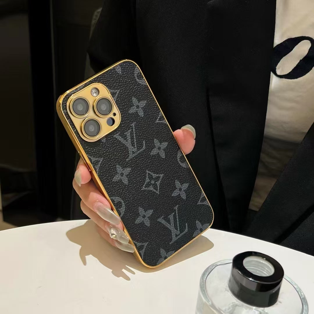 LV Style Soft Monogram Case with Gold Border for iPhone 12-18 Pro & Pro Max