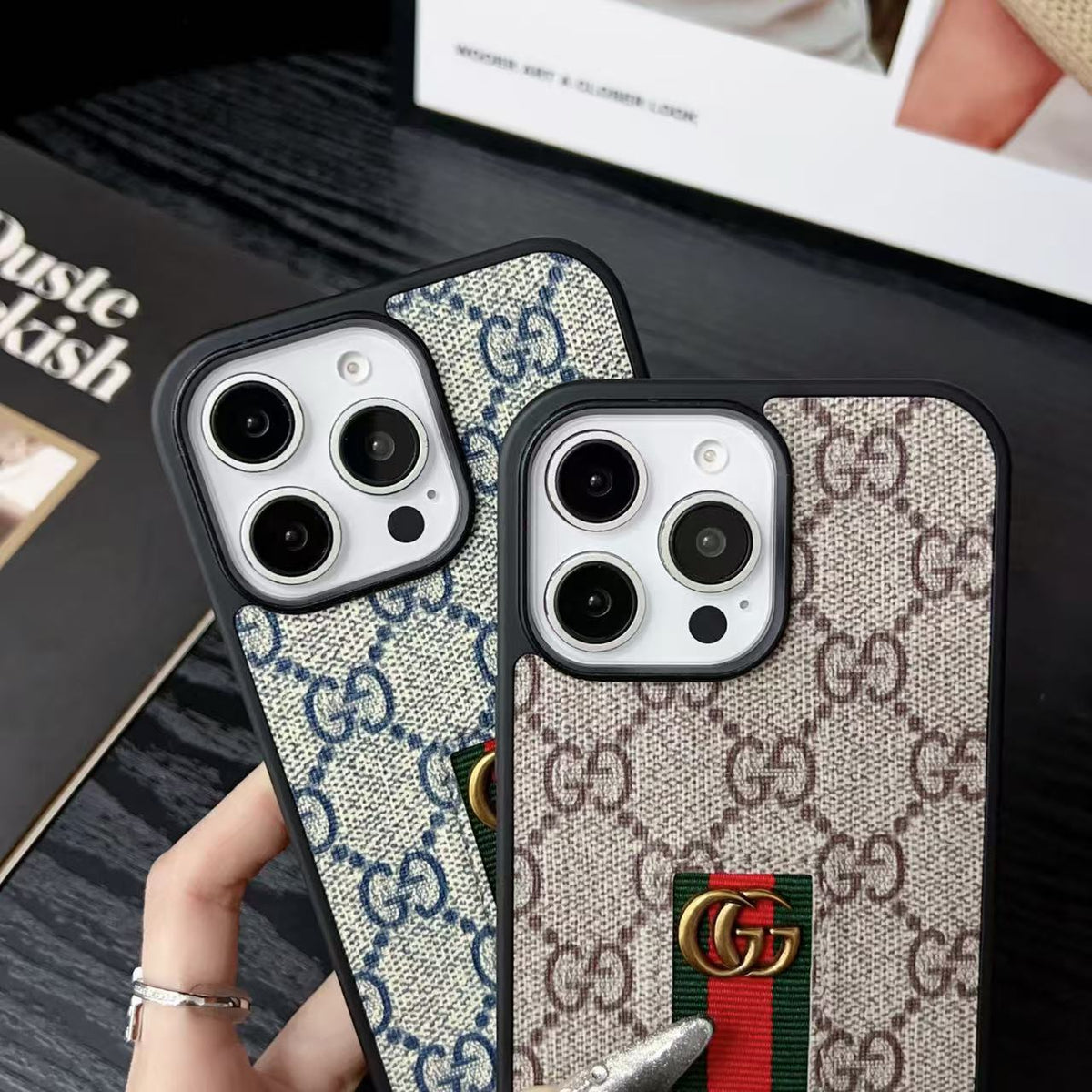 Premium GG Monogram Case with Web Wrist Strap for iPhone 12-18 Pro & Pro Max