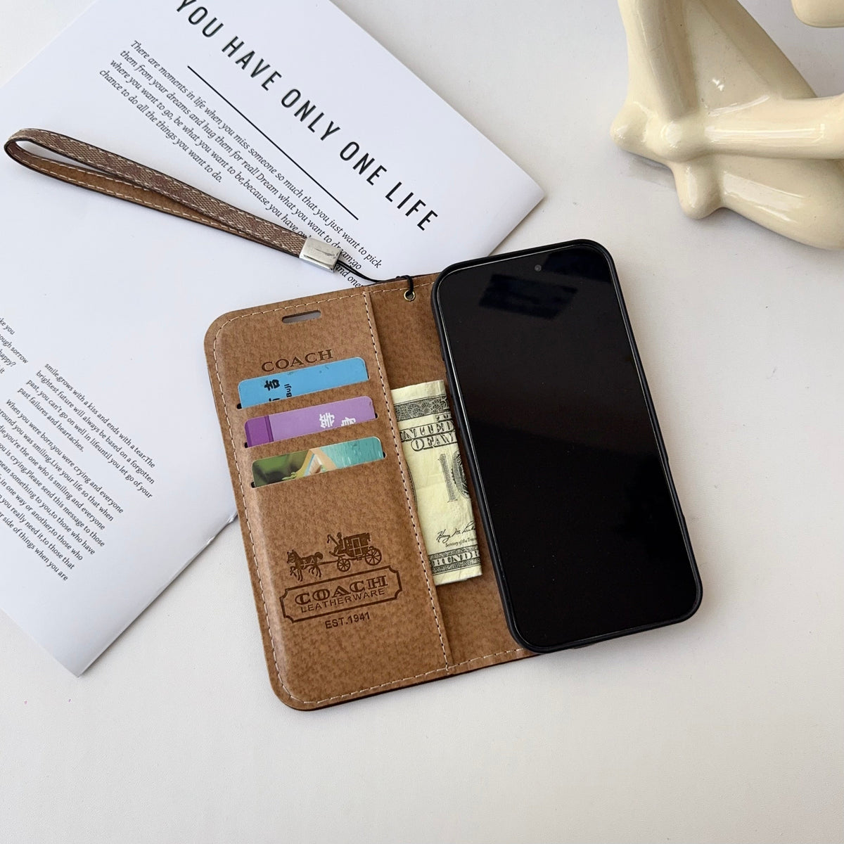 Leather Fold Coach iPhone Case with Wallet and Strap for iPhone 12-18 Pro & Pro Max