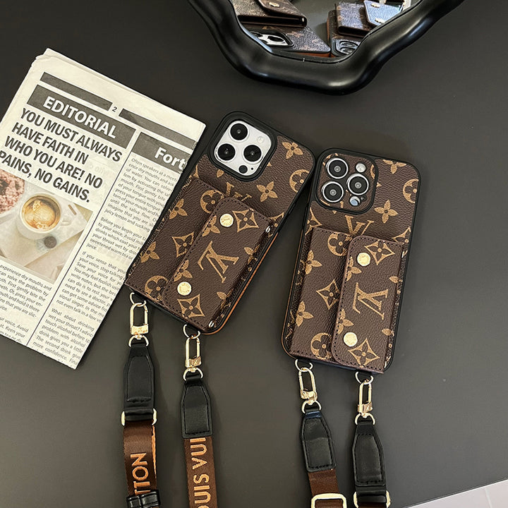 Lou Card Bag Chain Brown Phone Case with Strap for iPhone 12-18 Pro & Pro Max