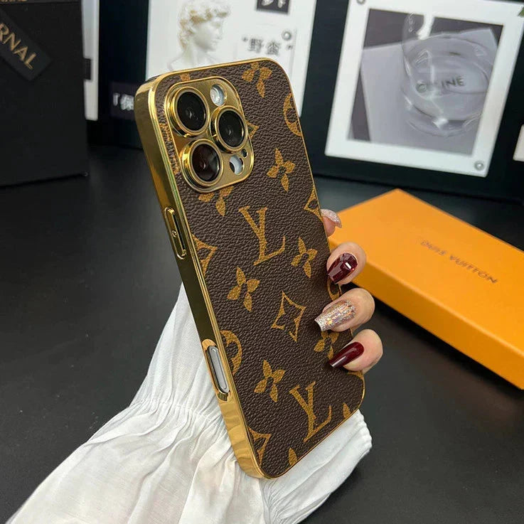 LV Style Soft Monogram Case with Gold Border for iPhone 12-18 Pro & Pro Max
