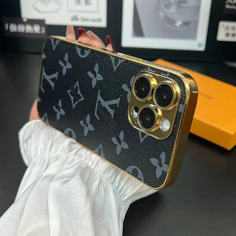 LV Style Soft Monogram Case with Gold Border for iPhone 12-18 Pro & Pro Max