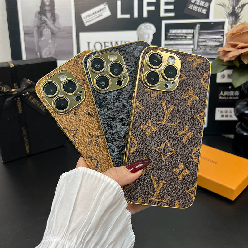 LV Style Soft Monogram Case with Gold Border for iPhone 12-18 Pro & Pro Max